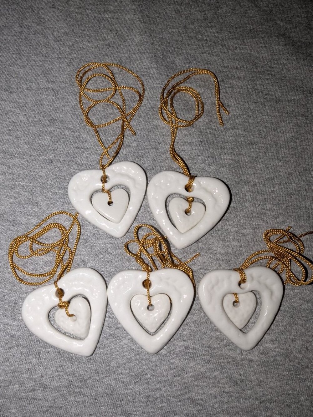 Set of 5 White Porcelain Heart in Heart Ornaments 7731